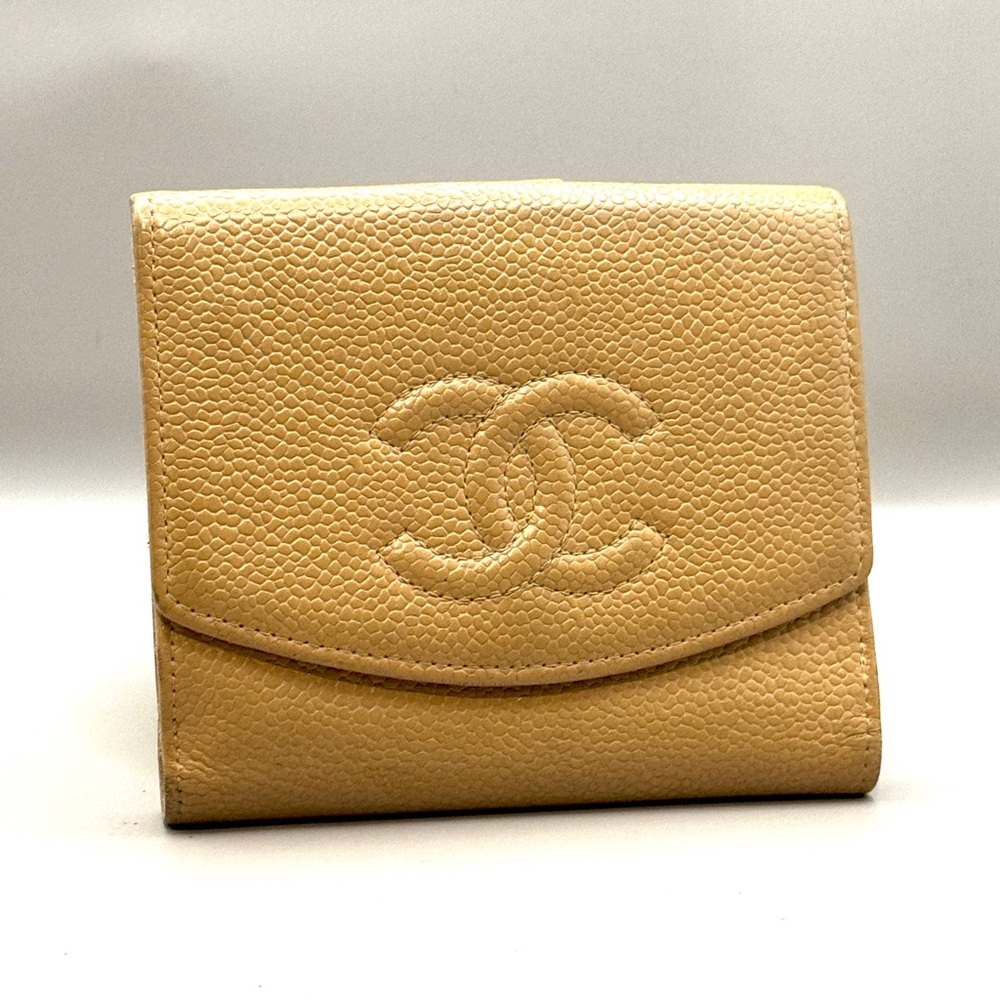 CHANEL Tan Caviar Leather Bifold Wallet